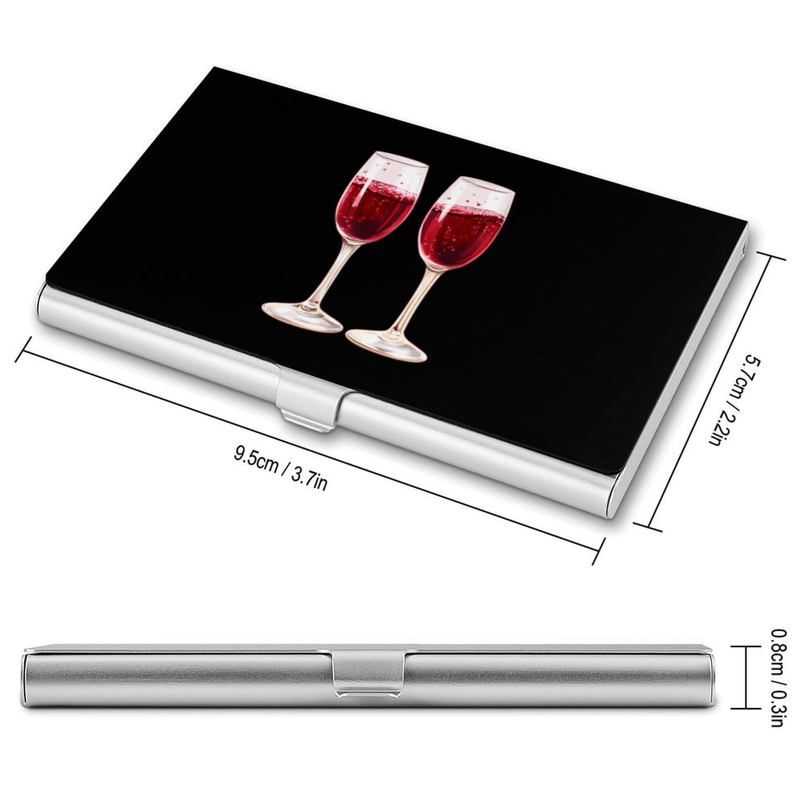 Champagne Red Wine Glasses Slim Business Card Holder Wallet for Men & Women Pocket Metal Case 3.7x2.2x0.3 Inches