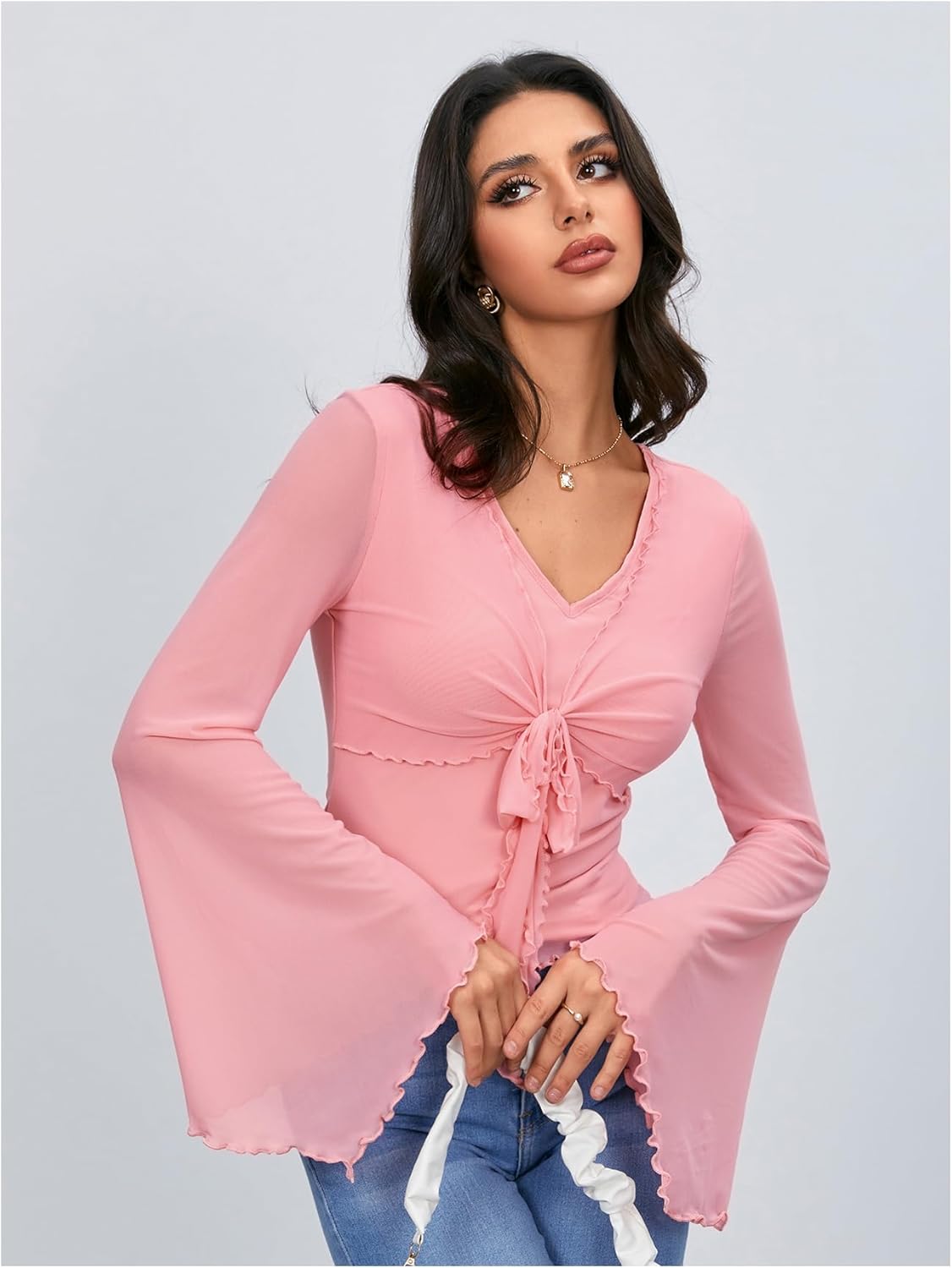 Verdusa Women's Y2k Bell Sleeve V Neck Mesh Going Out Crop Top 2000s Whimsical Clothes - Image 3