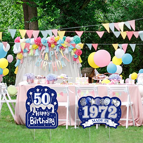 Watinc 2Pcs Happy 50Th Birthday Yard Signs With Stakes 50 Years Old Made In 1972 Navy Blue And Silver Large Waterproof Lawn Sign Garden Outdoor Decorations Bday Party Supplies For Elder Men Women #TOP3