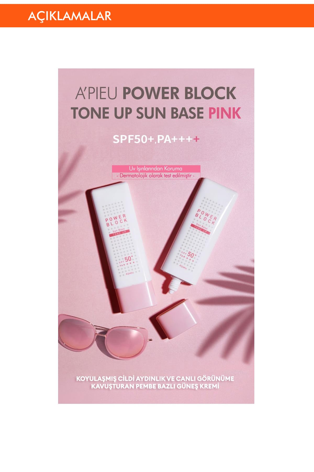 A'PIEU Power Block Pembe Ton Dengeleyici Güneş Kremi SPF50+ PA++++ 50ml