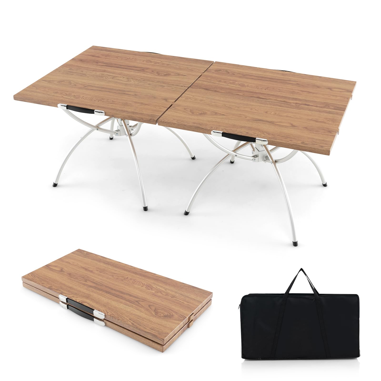 RELAX4LIFE Set 2 Tavoli da Picnic Pieghevoli in Alluminio, Estensibile 120x60 cm, Portatile per Campeggio/Pesca, Piano Finto Legno, Max 25 kg, Borsa Trasporto
