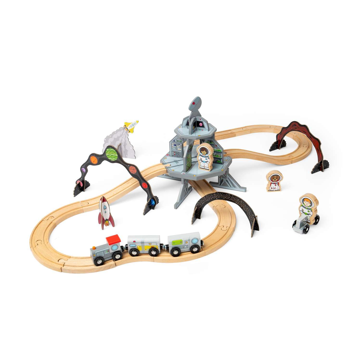 Bigjigs Rail Weltraumzug-Set | 40-teiliges Holzeisenbahn für Kleinkinder | Montessori-Bahnhofsspielzeug | futuristische Rakete & Astronauten | FSC-zertifiziertes Holz | Galaktischer Spielspaß für