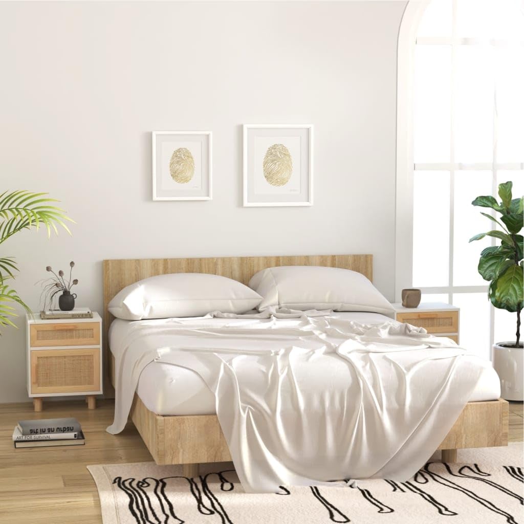 Fengshui Comodino bianco in legno massello di pino e rattan naturale