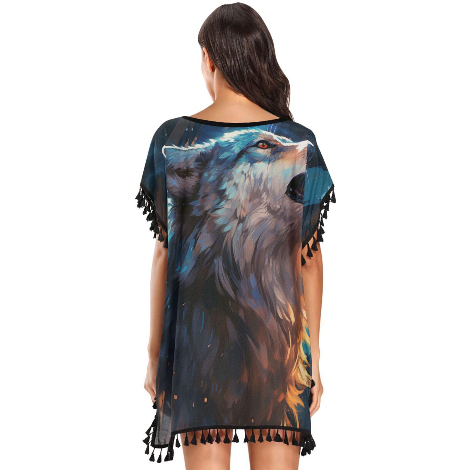 Abstract Sad Wolf Blue Space Women's Beach Cover Up Chiffon Tassel Swimwear Swimsuit Coverups for Girl