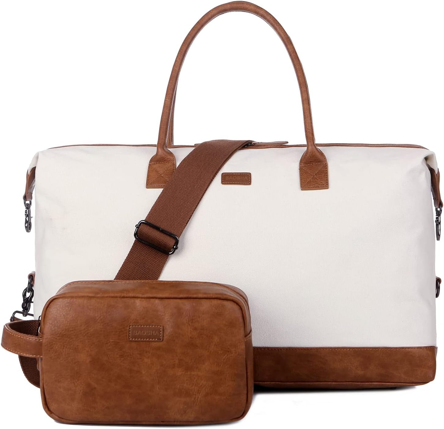 HB-14 Women's Canvas Weekender Bag, Canvas Travel Bag, Sports Bag, Hand Luggage, Travel Bag, Large Hospital Bag with Toiletry Bag, beige/white., L, Travel Bag with Toiletry Bag