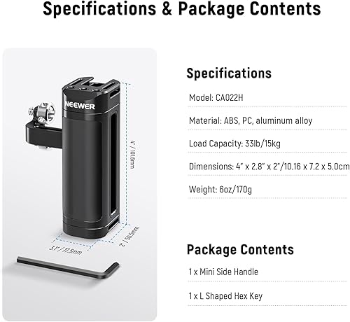 Miniatura 7 de NEEWER Agarre de mango lateral compatible con jaula de cámara SmallRig NEEWER, soporte ligero de mango de cámara con tornillos dobles de 14 pulgadas