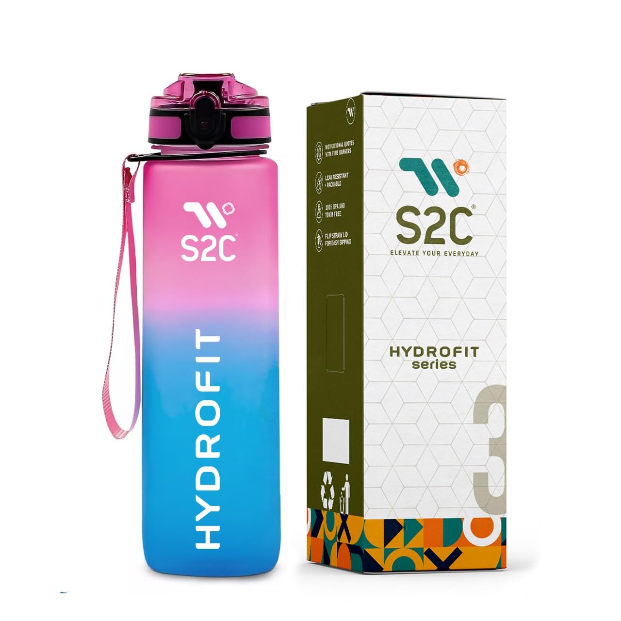 S2C™ Motivational Large Water Bottle 1L Tritan Plastic Water Bottle With Time Markers, Leak Proof Water Bottle For Kids, School Water Bottles Plastic Water Bottle Gym Bottle (BLUE-PINK)