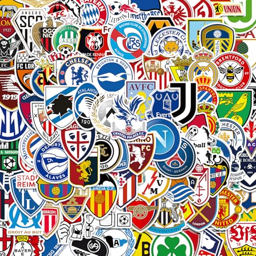 ParPix 100 Stk Fußball Club Sticker Groß 6cm Fußball Sticker Set Fußballs Club Logo Aufkleber Wasserfest Aufkleber Fussball Stickers Fußballs Team Fussball Sticker Kinder für Laptop Koffer Fahrrad