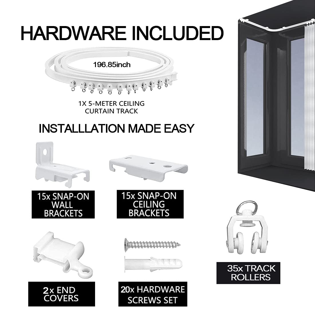 Rail de rideau de plafond flexible et pliable - 5 mètres - Rail de plafond pour rideaux - Rail de rideau droit et incurvé