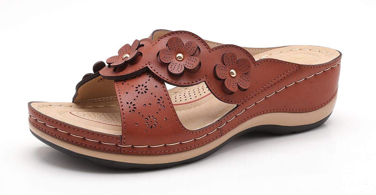 HylianZ Women's Platform Wedge Comfort Cross Strap Flowers Slide Sandals-Shock Absorbtion Breathable holes Arch Support Footbed Indoors Or Outdoors
