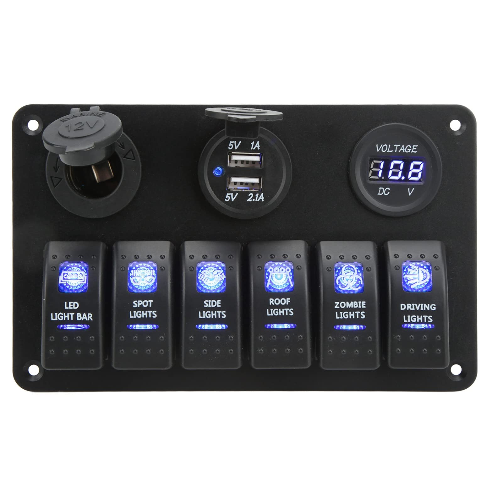 12V 24V 6-krotny Panel przełączników kołyskowych z woltomierzem podwójny Port USB niebieskie podświetlenie wodoodporne dla łodzi morskiej RV SUV Truck
