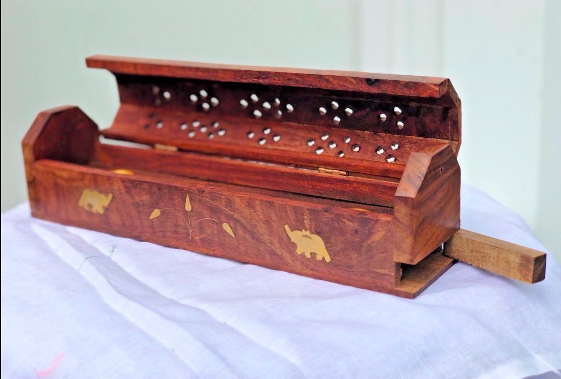 RSK Handmade Wooden Brown Incense Stick Holder Box Burning Joss Ash Catcher Cone Holder Smoke Box