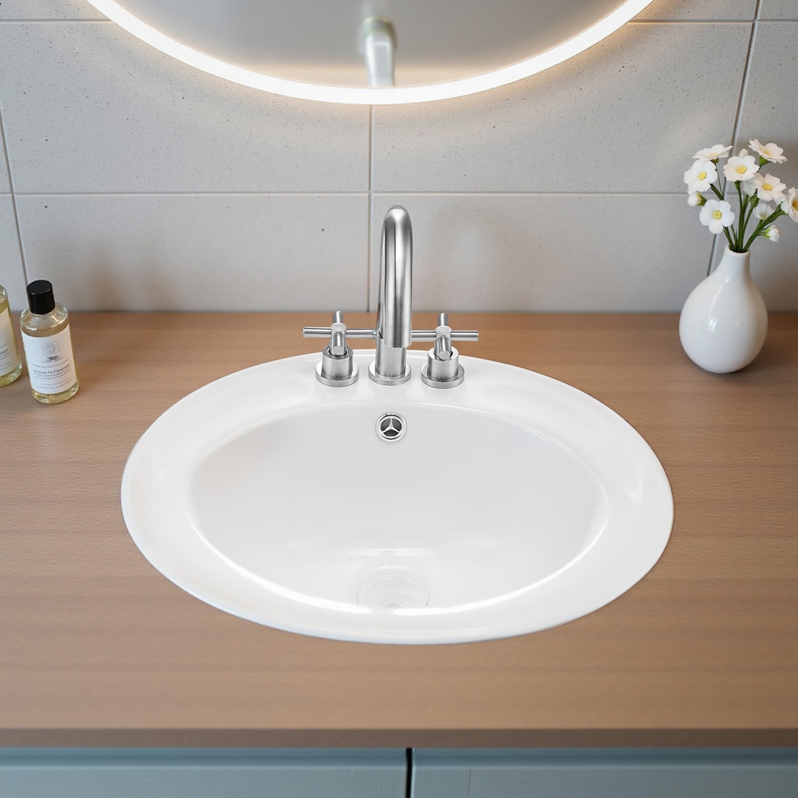 VEVOR Lavabo Semiencastrado de Encimera Ovalado, 485 x 425 x 190 mm, con Rebosadero y 3 Orificios para Grifo, Moderno Lavabo Empotrado para Cocina y Baño, con Protección Antiamarilleo, Blanco