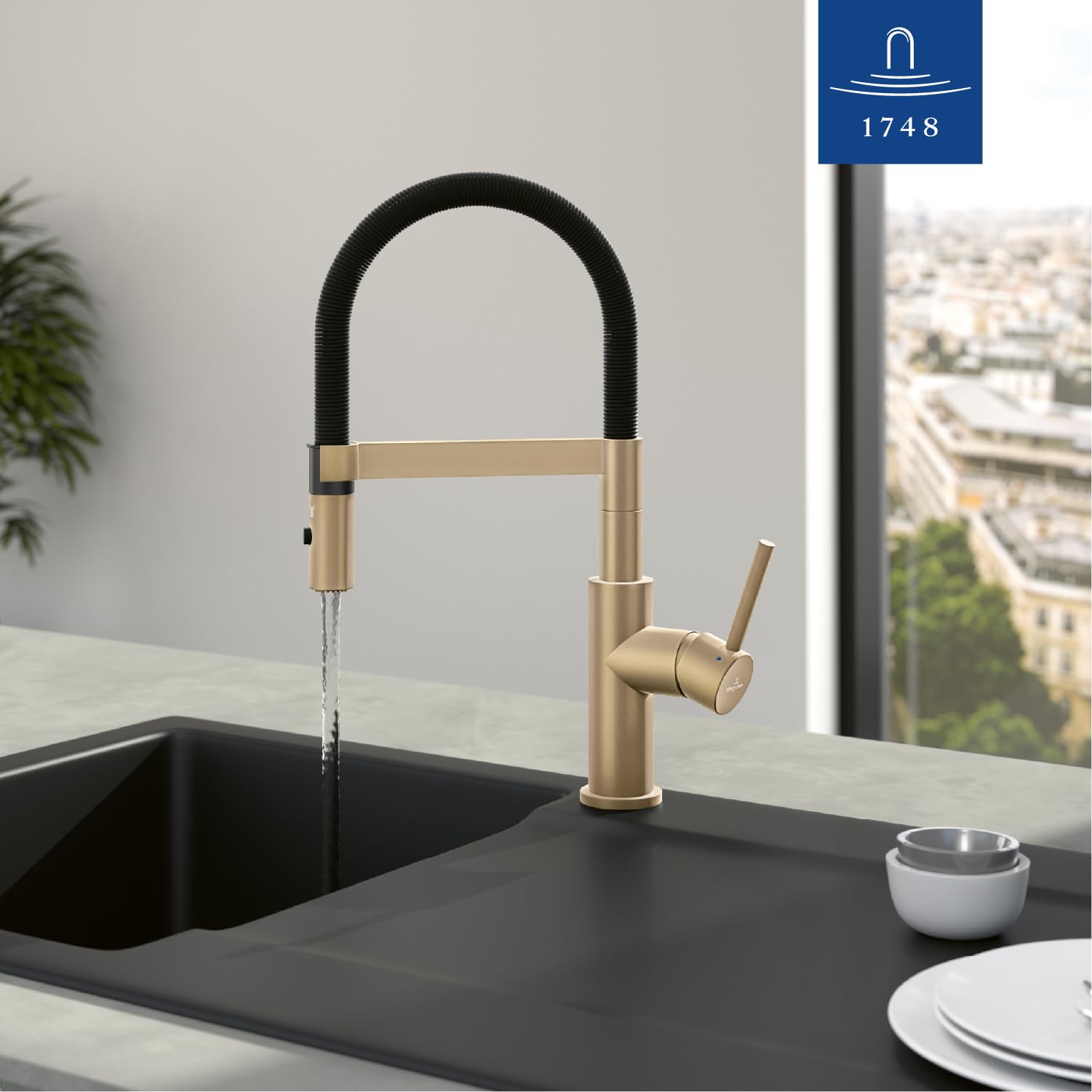 Villeroy & Boch Steel Expert Compact bateria kuchenna wysokociśnieniowa bateria kuchenna z funkcją odwracania i obrotową wylewką, bateria zlewozmywakowa, wysokość wylewki 143 mm, złoto-czarna