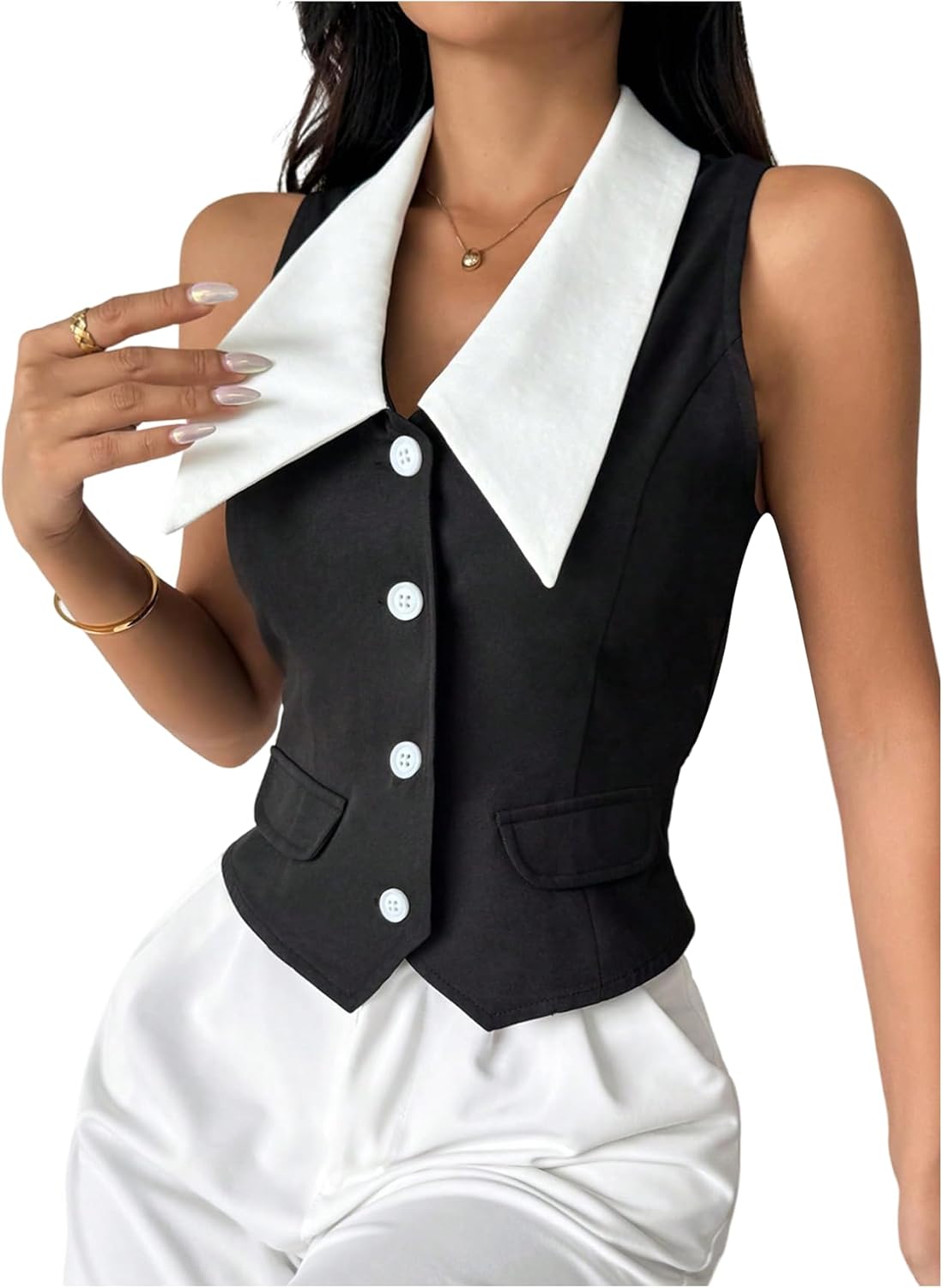 MakeMeChic Women's Colorblock Suit Vest Button Down Sleeveless Work Outerwear Waistcoat
