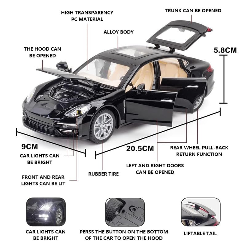 Image of Kids Model 1:24 Panamara Die Cast Metal Car Pull Back Action Opening Doors with Realistic Engine Sound Lights Toy Car Gift for Boys - Multi