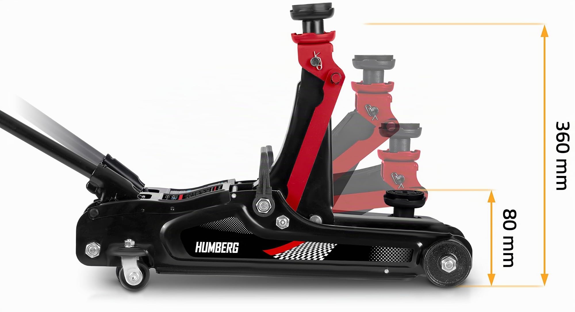Humberg Wagenheber Hydraulischer Rangierwagenheber Auto Heber Niedrigprofil 2,5T 80-360 mm Rangierheber 2 Gummiauflagen Schwarz Rot