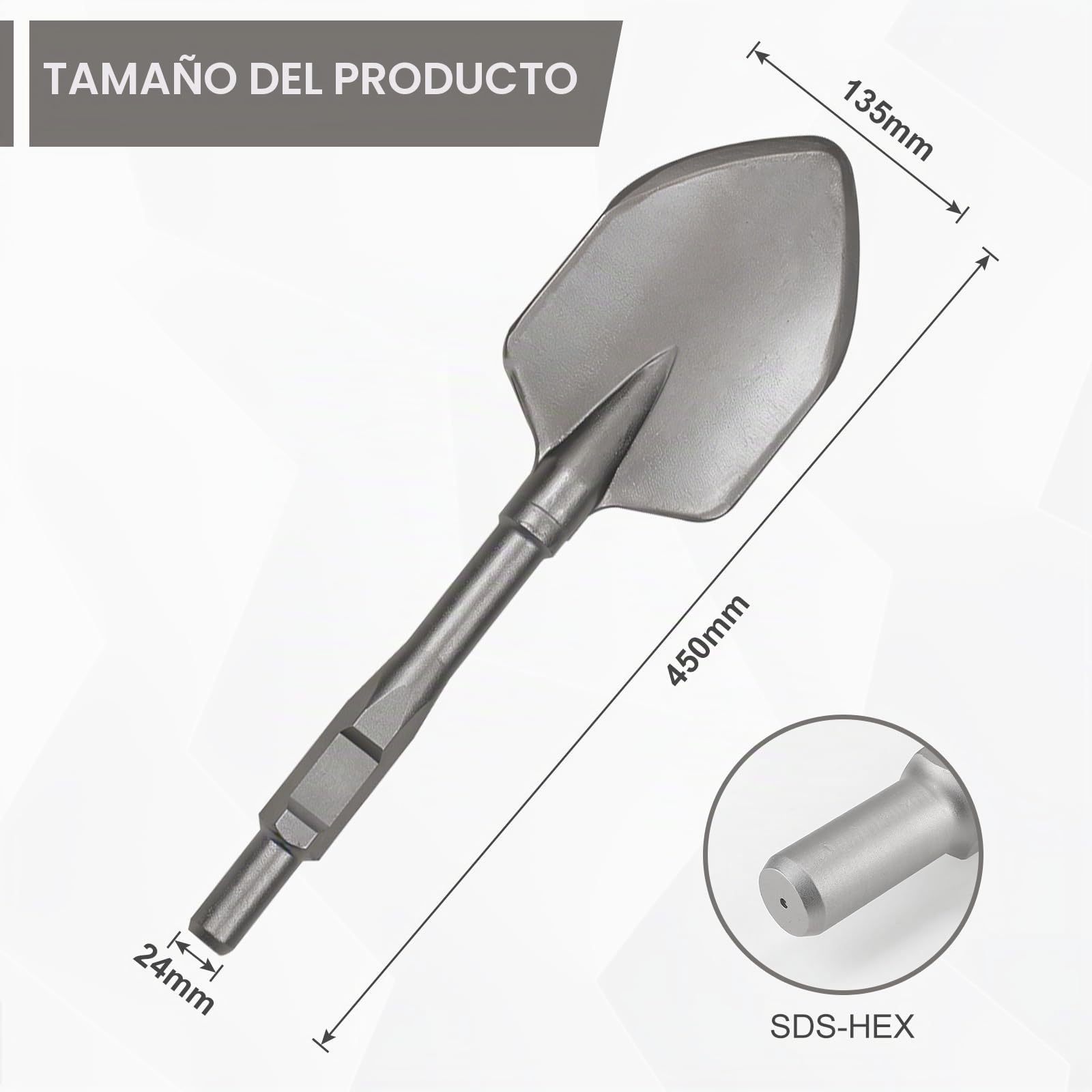 CPROSP Cincel pala Puntiagudo SDS HEX 450 * 135 mm, Pala Para Arcilla, Cincel Ancho para Asfalto/Hormigón, Tierra, Mampostería y Terrenos