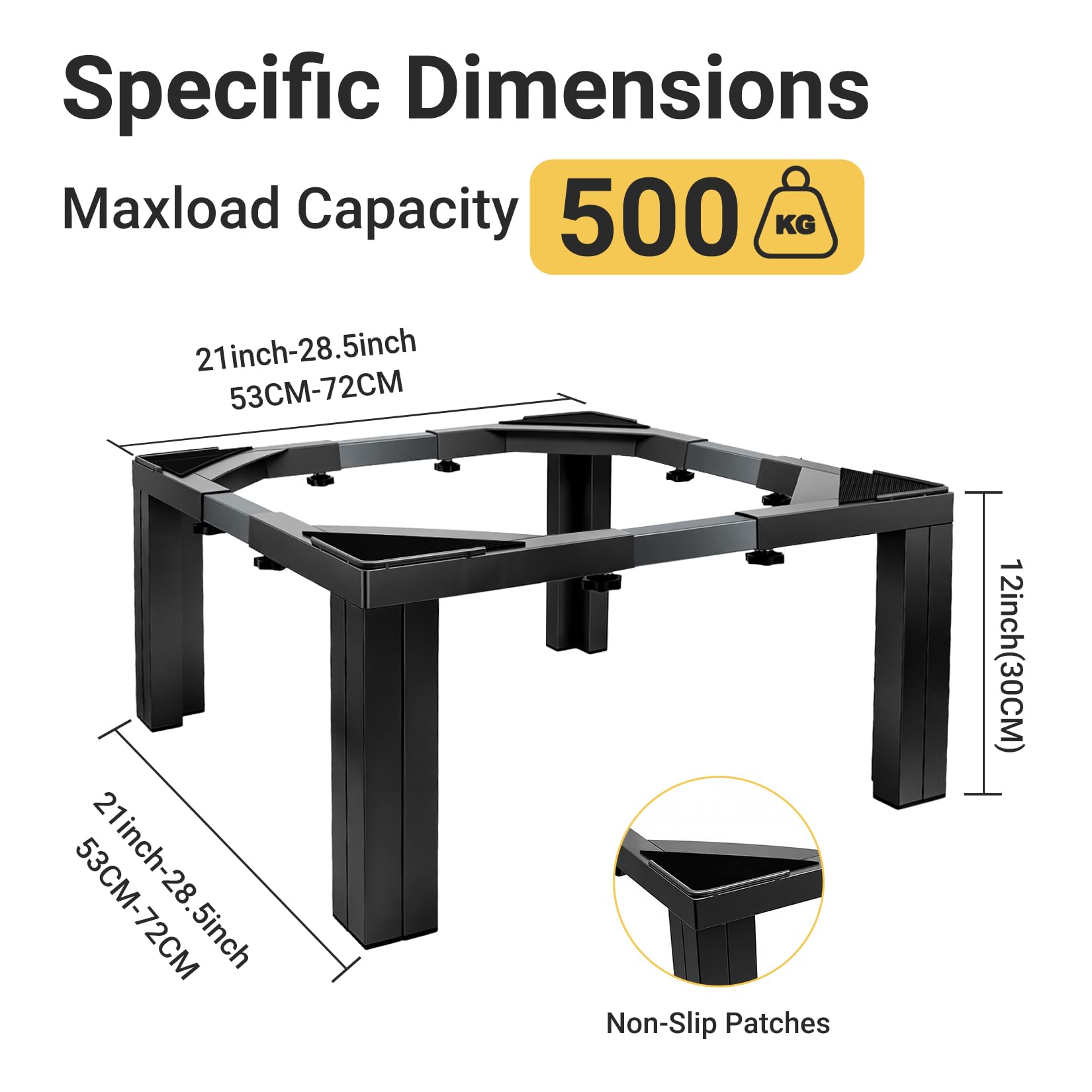 Base per Lavatrice in Acciaio Inossidabile Nero, Rialzo Lavatrice da Terra 30cm con Altezza Fissa, Supporto Universale Regolabile per Lavatrice da 54-73cm, Portata 500kg