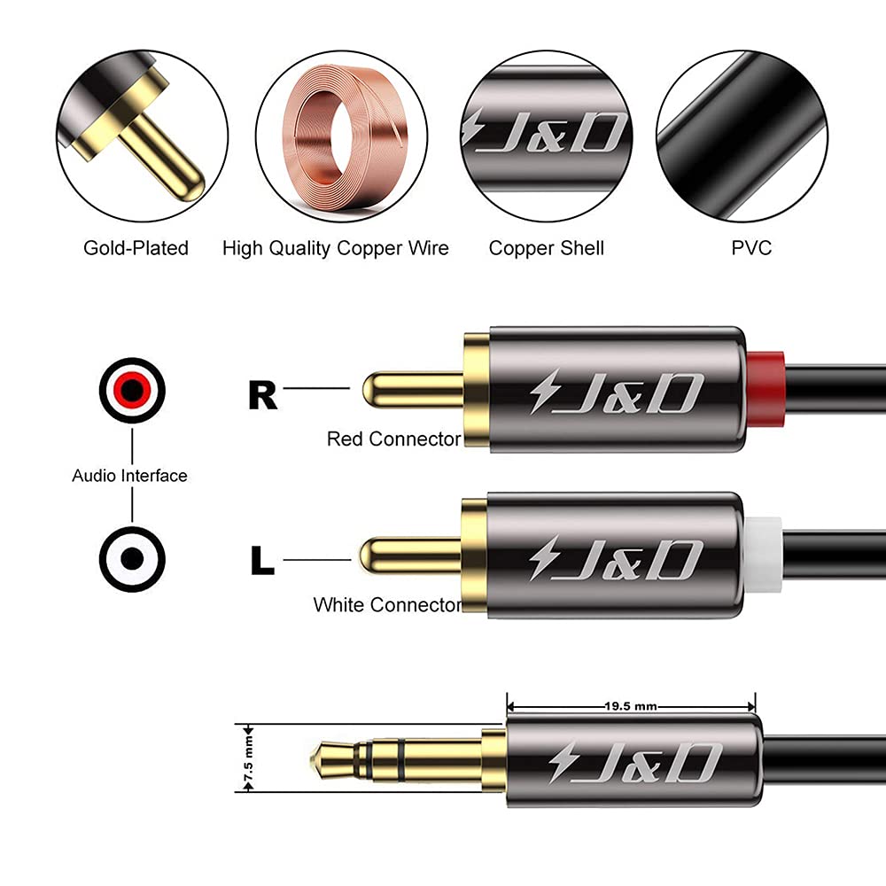 J&D RCA Audio Cable, 3.5mm Male to 2 RCA Phono Male Stereo Audio Adapter Aux Cable Gold-Plated Copper Shell Heavy Duty, 1 Feet : Electronics