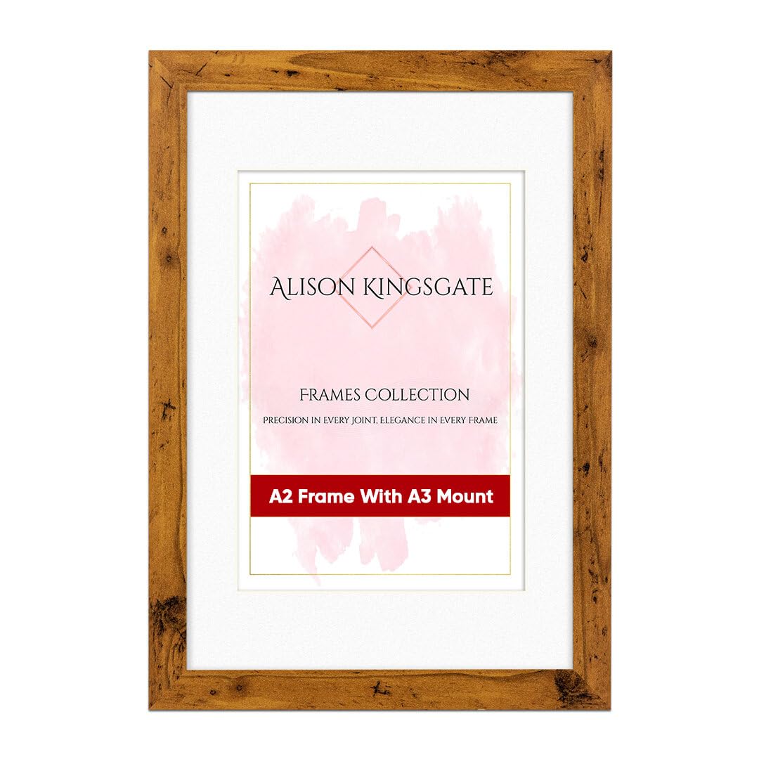 Alison Kingsgate A2 Rustic Oak Picture Frame with Mount for A3 Photo - Engineered Wood Photo Frame with Precision Cut Cardboard Mount - Ideal for Photos, Posters & Artwork - Wall or Tabletop Display
