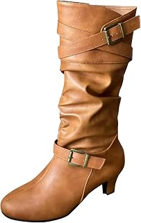 Winter Boots for Women SHOBDW Waterproof Leather Chunky Heel Wide Calf Boots Vintage Wear-Resistant Non Slip Zipper Gogo Boots Casual Wide Fitting Fashion boots