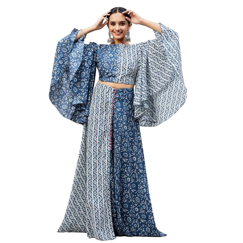 aaheli Women’s Cotton Printed Top with Skirt | Floral Print Top with Bell Sleeves & Matching Skirt | Comfortable and Stylish Ethnic Wear | Navy Blue-picture-19
