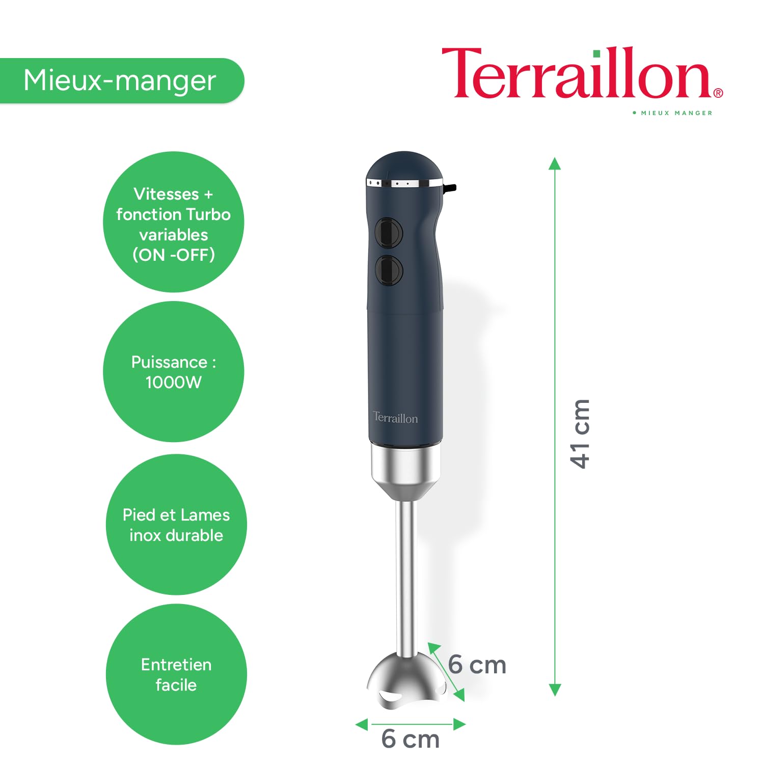 TERRAILLON - NEW MOON- Mixeur plongeant Electrique, Lames Inox, Fonction Turbo, 1000W, VItesse variable, Gobelet doseur, fouet inox, Hachoir 600 ml, Presse purée, Corps Inox peint, Bleu