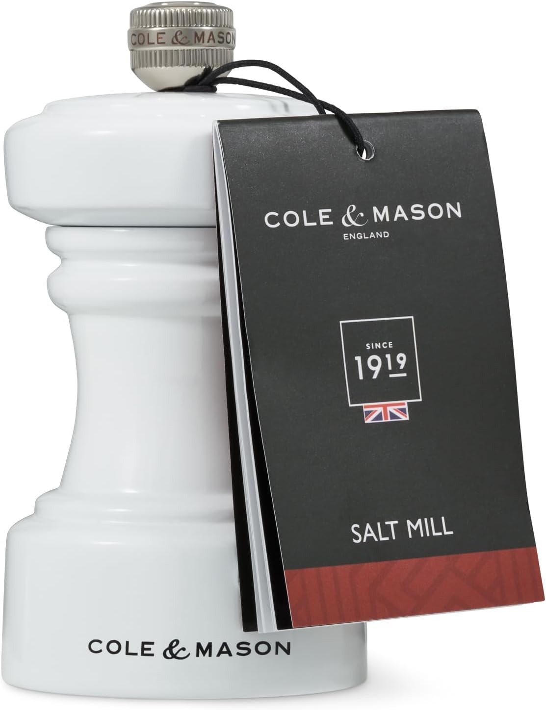 Cole & Mason Hoxton Mill - Table Salt Grinder - Refillable Sea Salt Grinder - Kitchen & Home Accessory - Salt Mill with Ceramic Mechanism - 4'', White Gloss