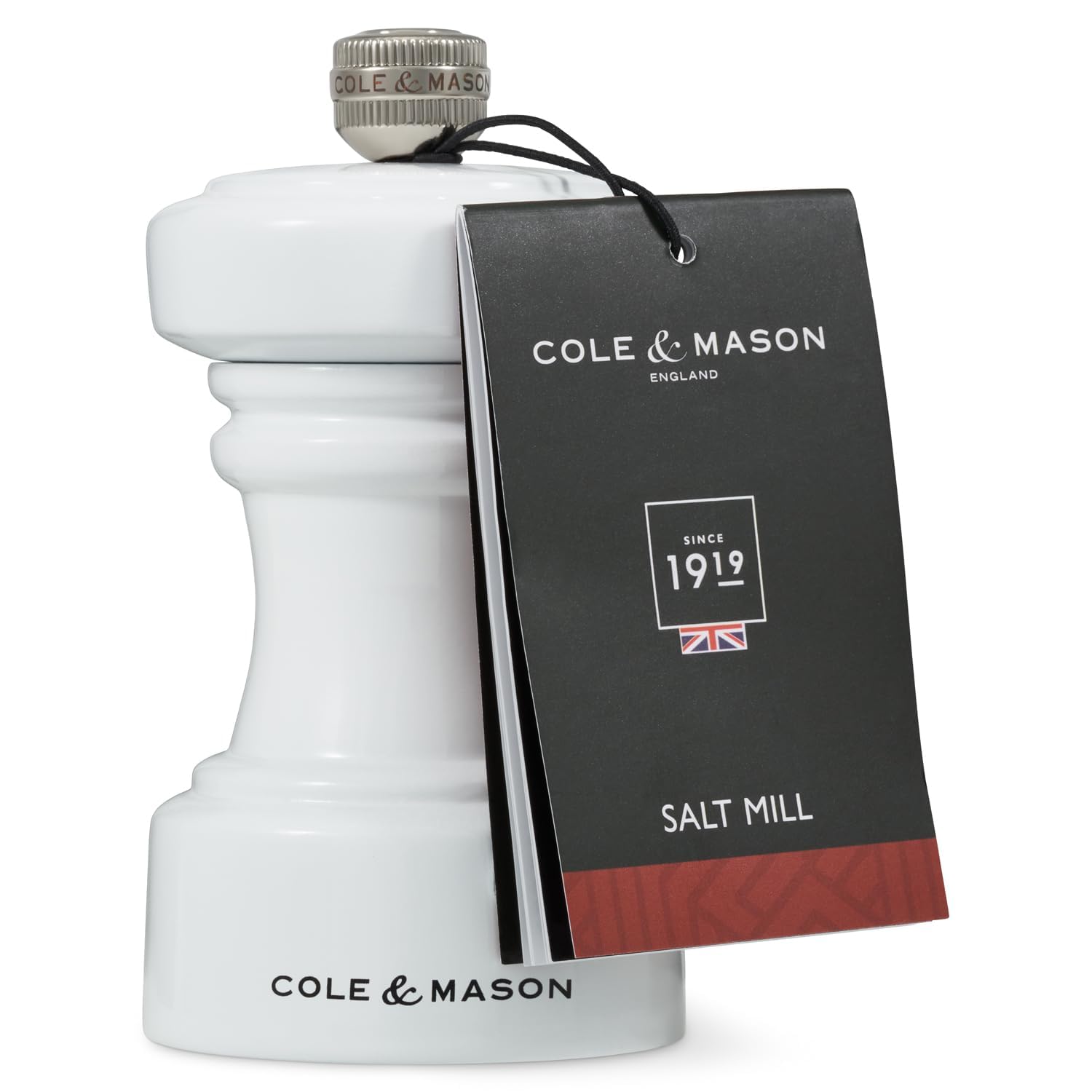 Cole & Mason H233063 Hoxton Blanco Brillo Molinillo de Sal, Precision+/Molienda Ajustable, Madera de Haya, 104mm, Incluye 1 x Molino, Garanzia del Meccanismo a Vita