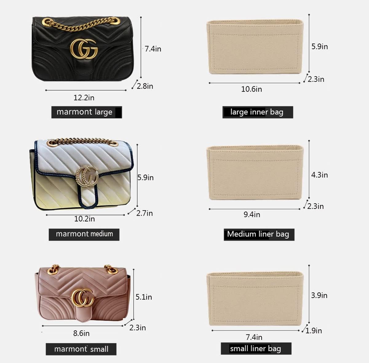 Lckaey Purse Organizer Insert Bag for marmont matelasse insert Single pack With zipper 2000AKhaki-S - Image 3