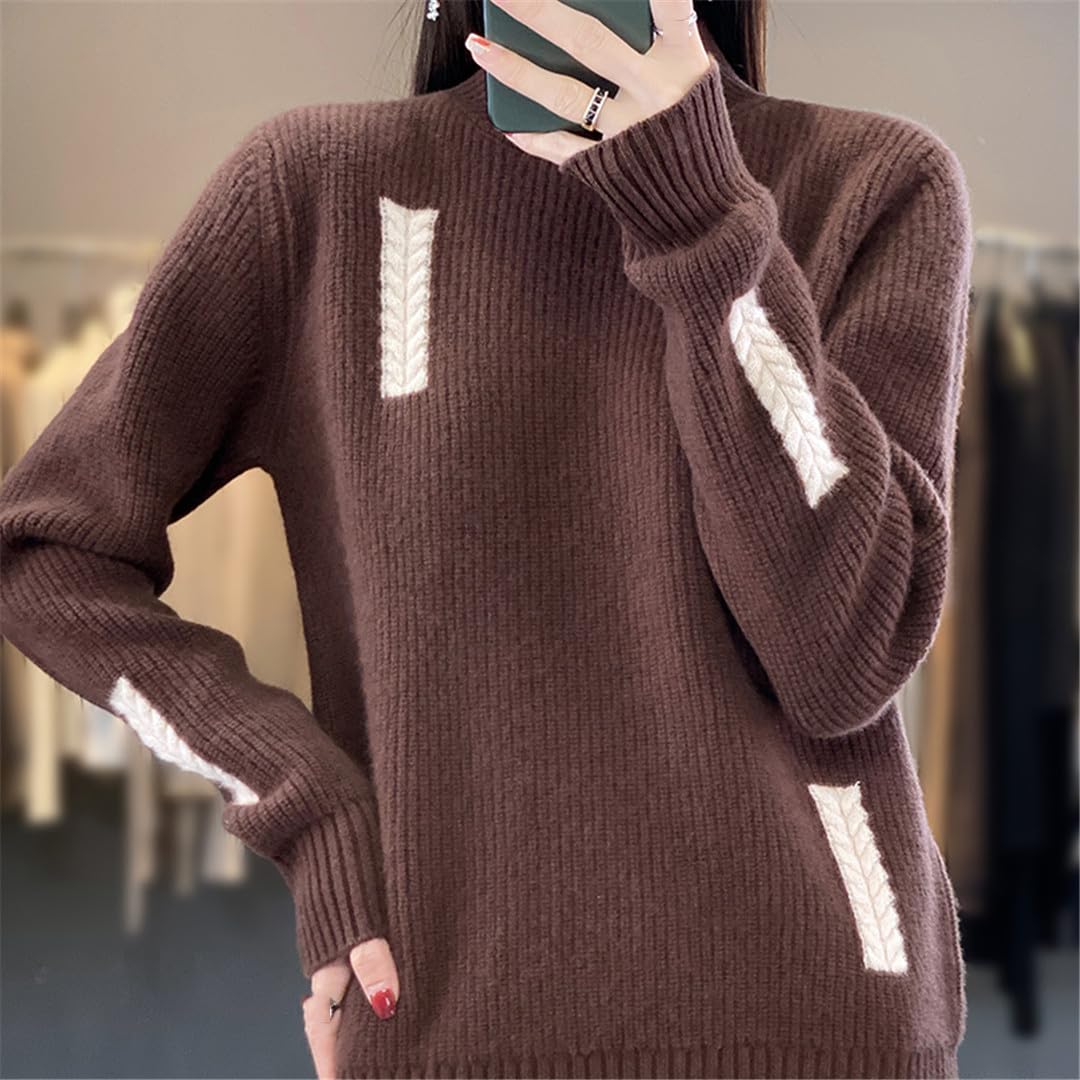 Suéter Grueso De Lana Merina para Mujer, Suéter Grueso De Cuello Medio Alto, Jerseys De Punto Informales De Manga Larga A Juego De Colores