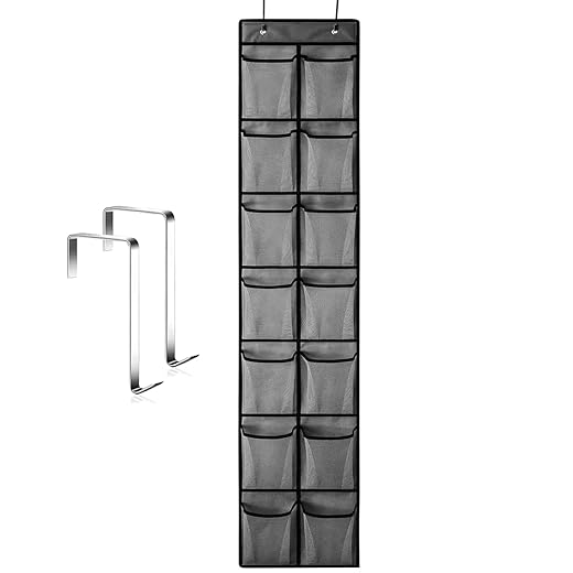 Over The Door Shoe Organizer with 14 Pockets, 2 Hooks, Black