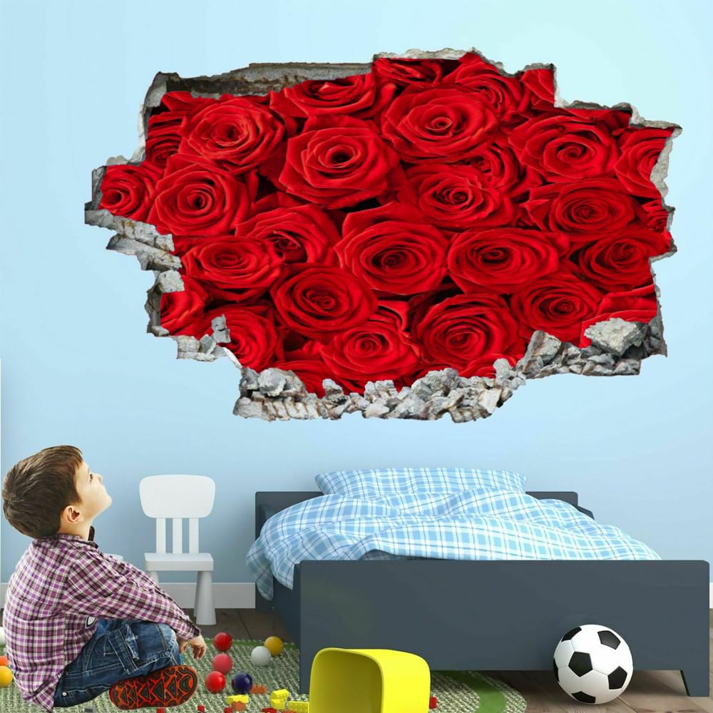 Decorazioni da parete Adesivi 3D fracassati Rosa rossa Rimovibile Art Wall Tattoo Pianta Famiglia Decalcomanie da muro per la casa Nursery Girls Bambini Soggiorno Camera da letto Decorazione