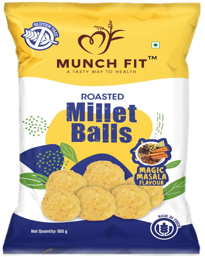 Image of Munch Fit Healthy & Roasted Millet Balls Snack - Magic Masala | 100% Veg | Gluten Free | No Added Sugar | Low Calorie | High Fibre, No Maida | Ready to Eat Roasted Snacks | Pack of 6x100g each