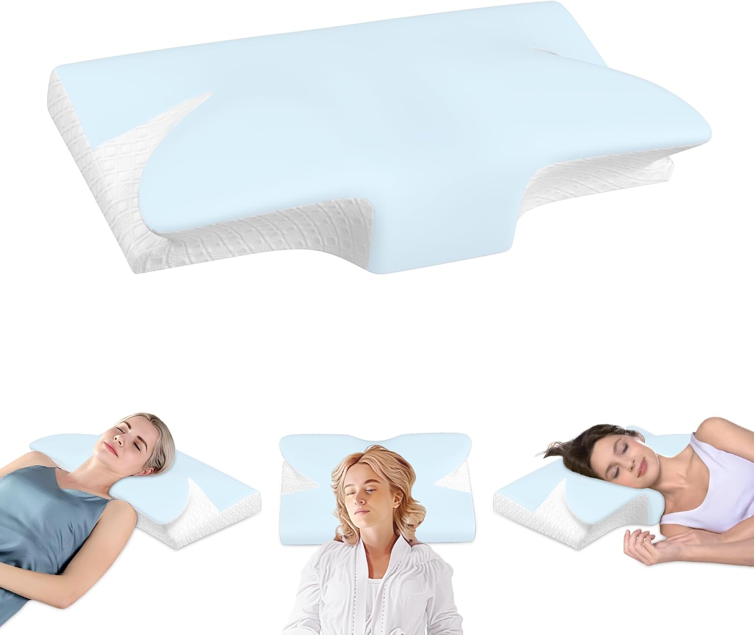 Cervical Pillow for Neck Pain Relief - Cooling Ergonomic Memory Foam Pillow with Arm Rest Slot & Ice Silk Pillowcase, Dual-Height Orthopedic Support Contour Pillow for Side, Back, Stomach Sleepers