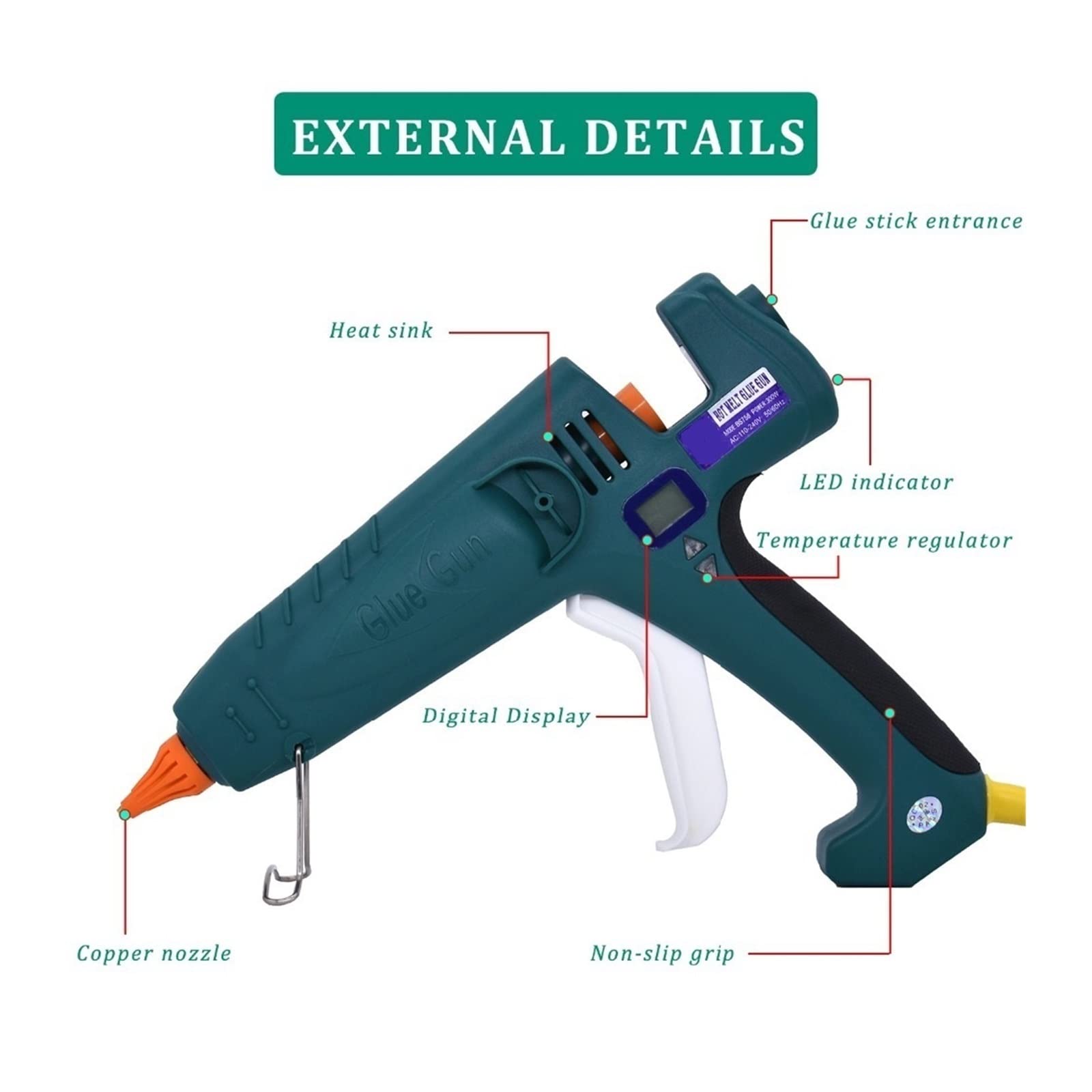 Pistolet Do Klejenia Na Gorąco 500W O Dużej Mocy Produkcja Przemysłowa Termostat Z Regulacją Temperatury Wyświetlacz Cyfrowy Użyj Kleju W Sztyfcie 11mm Szybkie Niezawodne Klejenie(Wide Nozzle)