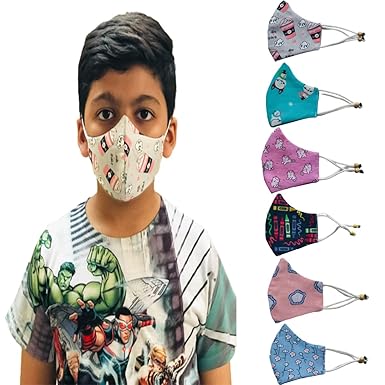BRAHMANI Pure cotton Kids Mask For ( 3-7 ) Age Reusable Washable Breathable Face Mask with Adjustable Earloops for Boys Girls Children Gift, Cute Designer Mask, Facemask for Kids (Pack Of 6)