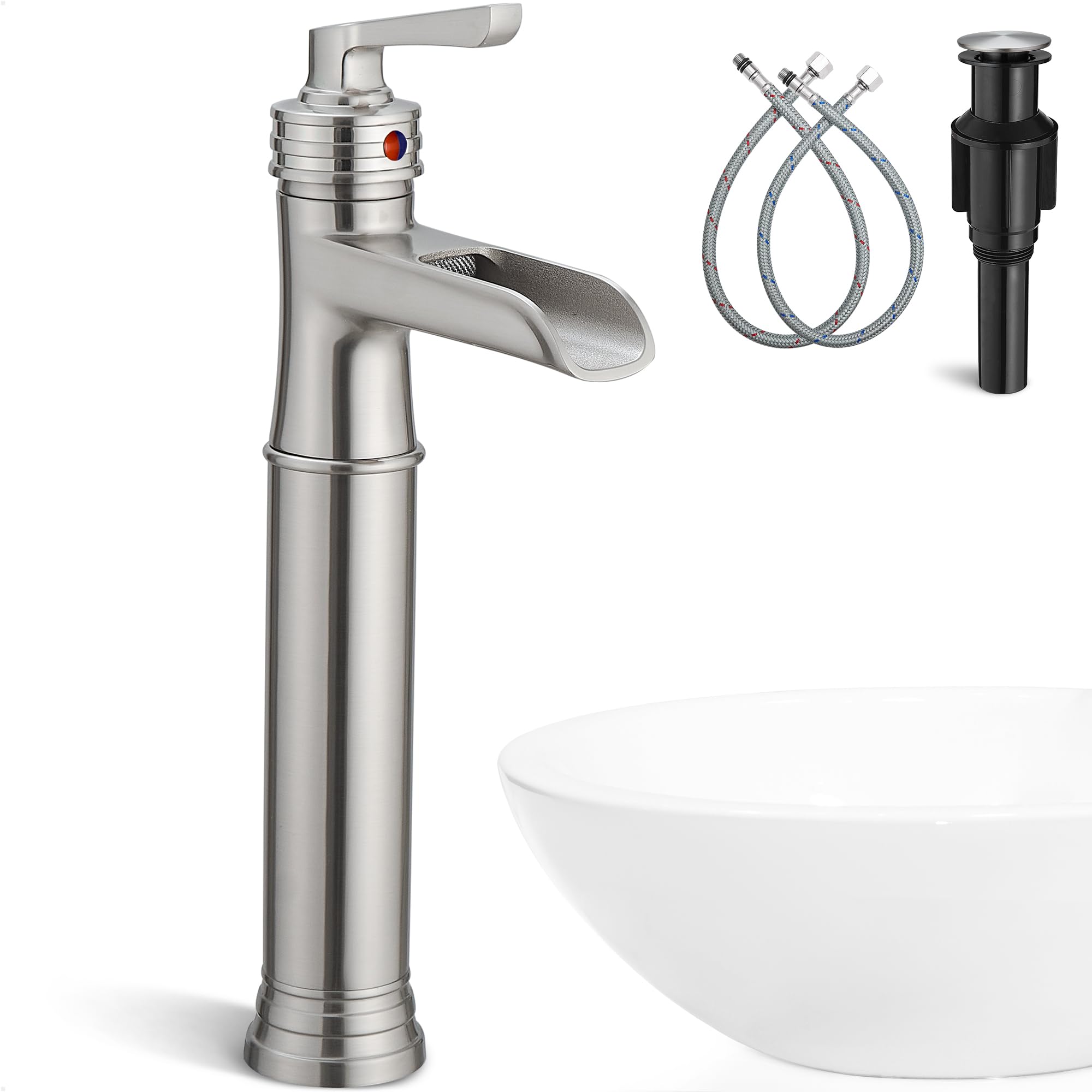 Nfusrxmbk Brushed Nickel Brass Vessel Sink Faucet Waterfall Bathroom Faucet Tall 1 Hole, Single Handle With Pop-Up Drain & Water Hoses For Bathroom Vanity Vessel Sink