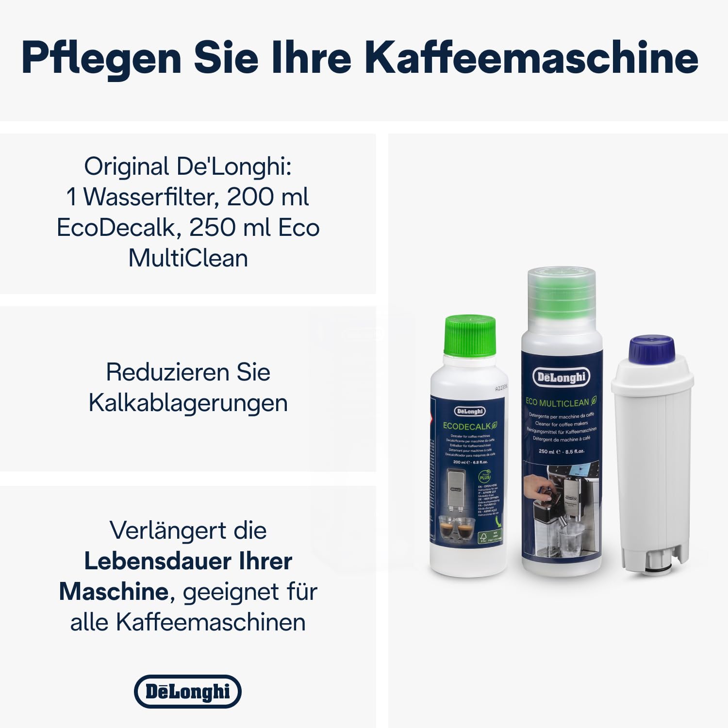De'Longhi Original CoffeeCareKit DLSC306 -Pflegeset für Kaffeemaschinen & Kaffeevollautomaten,enthält 1 x 200 ml EcoDecalk,1x 250 ml EcoMultiClean,1x Wasserfilter,1x Mikrofasertuch,1 x Wasserhärtetest