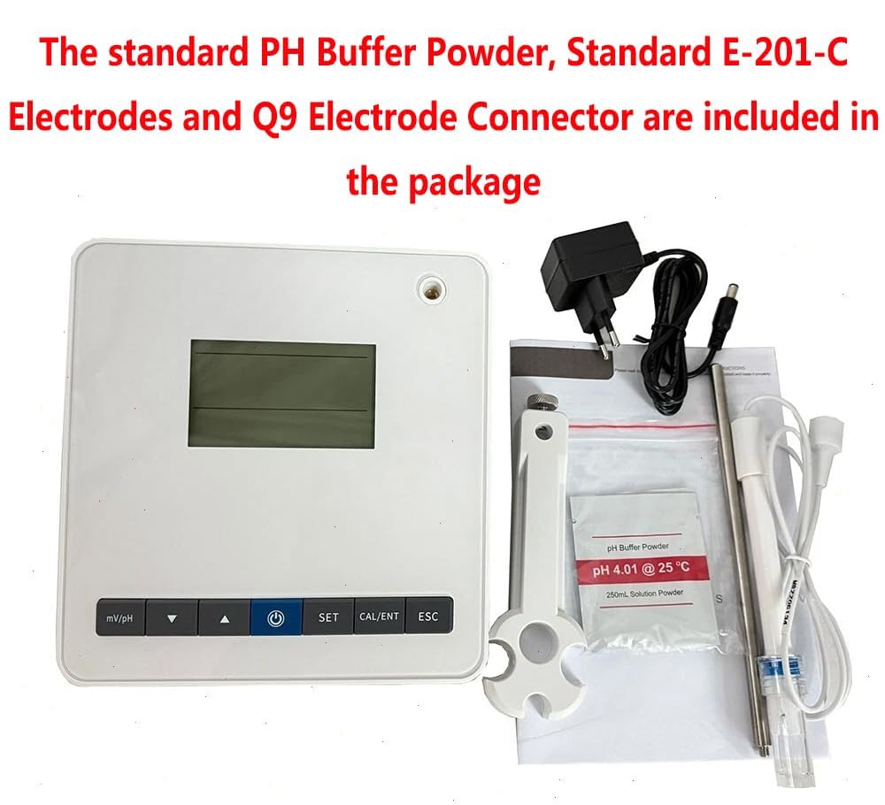 Benchtop pH Meter pH Analyzer with 2 Points Calibration pH Buffer Powder pH Range 0.00～14.00 mV Range -1599～1599 LCD Display Method E-201-C Electrodes Q9 Connector