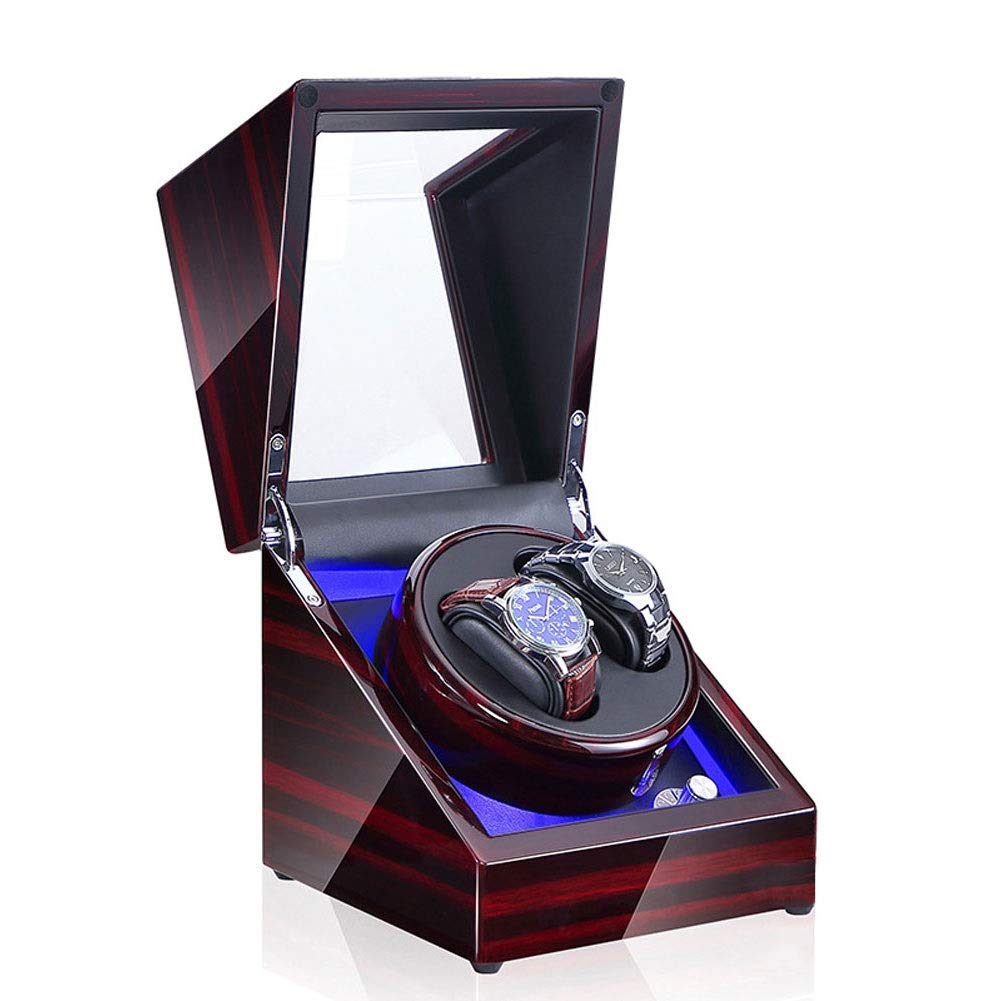 Watch Double Automatic Watch Winder Box LED Switch 5-Speed Adjustment Mode Wooden Luxury Storage Case for 2 Wrist Watches (E)