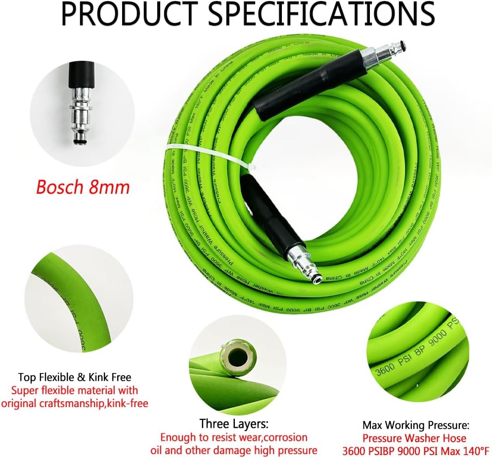 5800PSI/400Bar Ultra Flexible Pressure Washer Hose for Bosch Home Cleaning, 5M-30M High Pressure Extension Tube with Quick-Connect Adapter,(Red/Blue/Yellow/Green/Grey/Orange/Light Blue)(Green,16FT)