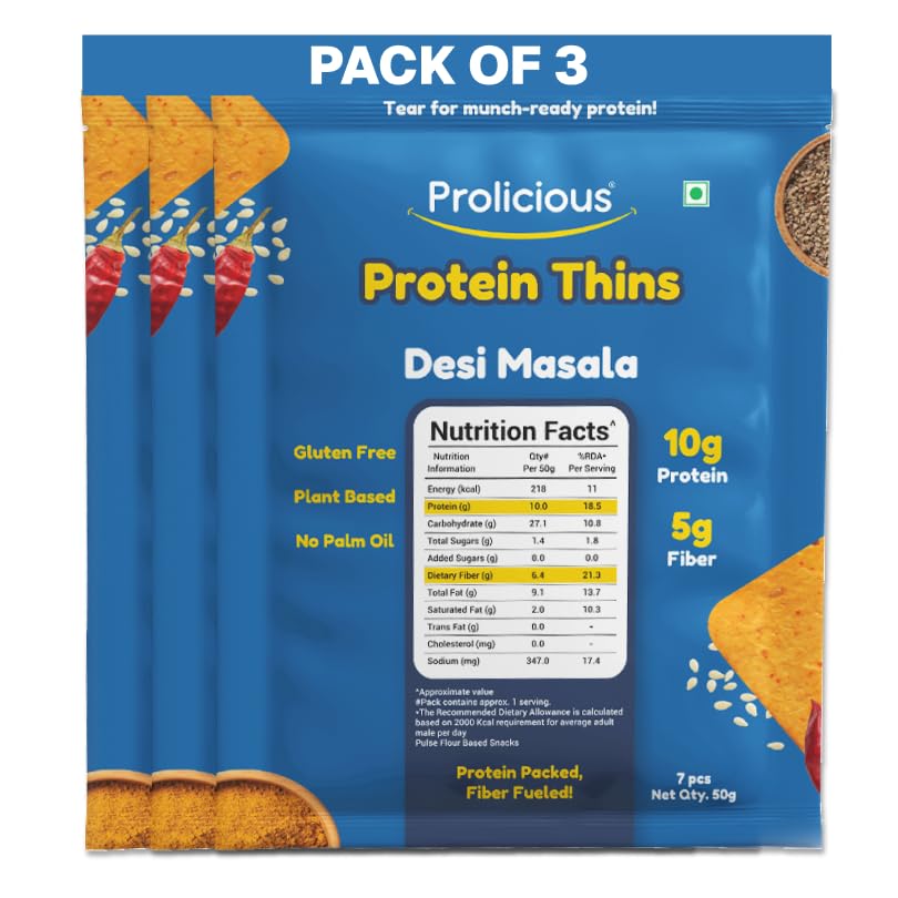 Image of Prolicious Healthy Protein Thin Chips| 10g Protein & 5g Fibre Per Pack Per Pack Per Pack |Vegan Snack| Gluten Free |Jain|No Maida |No Palm Oil| 50g (Pack of 3)| Desi Masala
