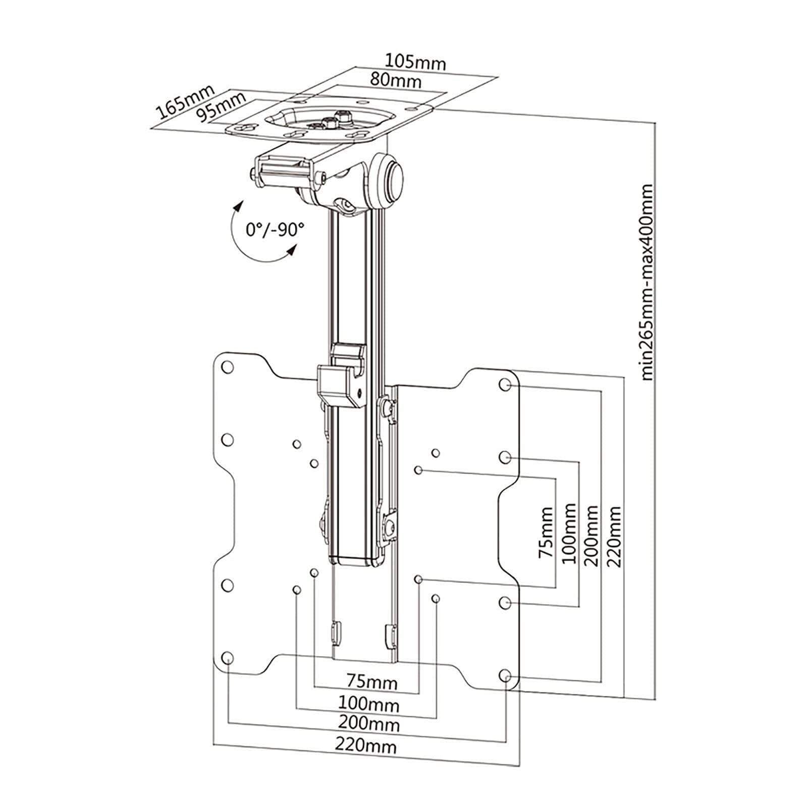 Supporto TV da Soffitto per Veicoli – Staffa di Supporto TV da Soffitto Inclinabile E Regolabile, Staffa per TV/Monitor Ribaltabile 0-90°, Rotazione Sinistra/Destra ±30°