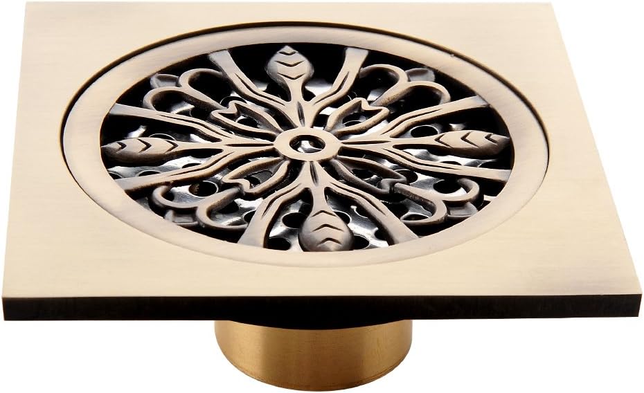 4 Inch Copper Bathroom Floor Drain Square Shower Sink Drain Strainer With Drain Base Flange 1.6" Outlet, Toilet, Carved, Antique, Bronze