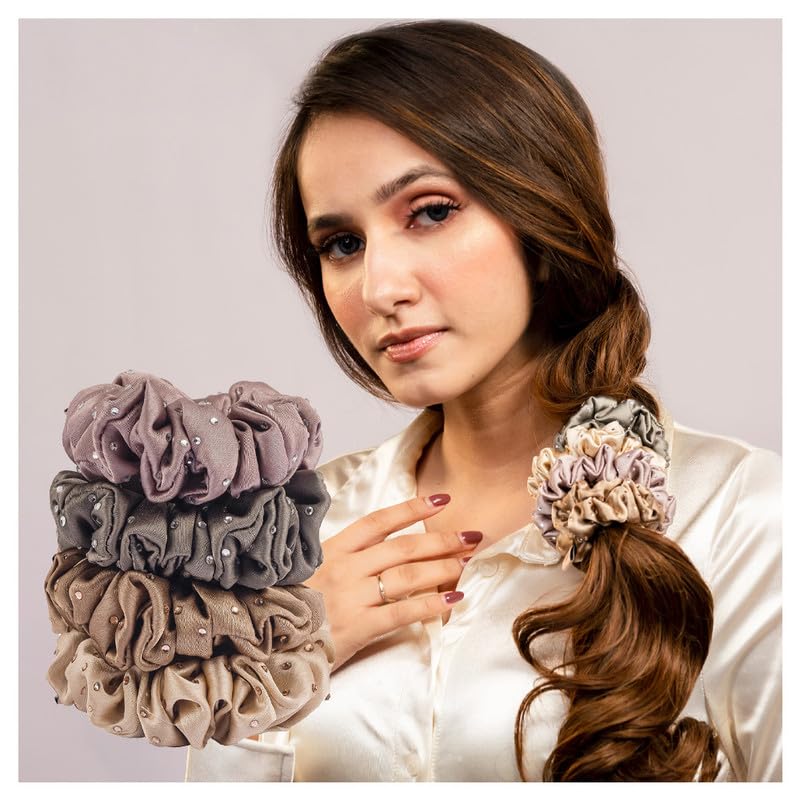 Hair Drama Co. Silky Satin Scrunchies for Girls & Women Anti-Hair-Breakage, Elastic Band Tie, Ponytail Holder, Bow, Stylish & Trendy Scrunchies - Combo Pack of 5 With 1 Traveller Bag (Neutral Gift) (B0BH3G1NDD) Amazon Price History, Amazon Price Tracker