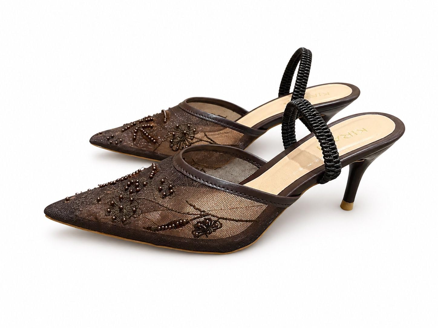 Stylish Brown Net & Pearl Work Heel Mules-image-20