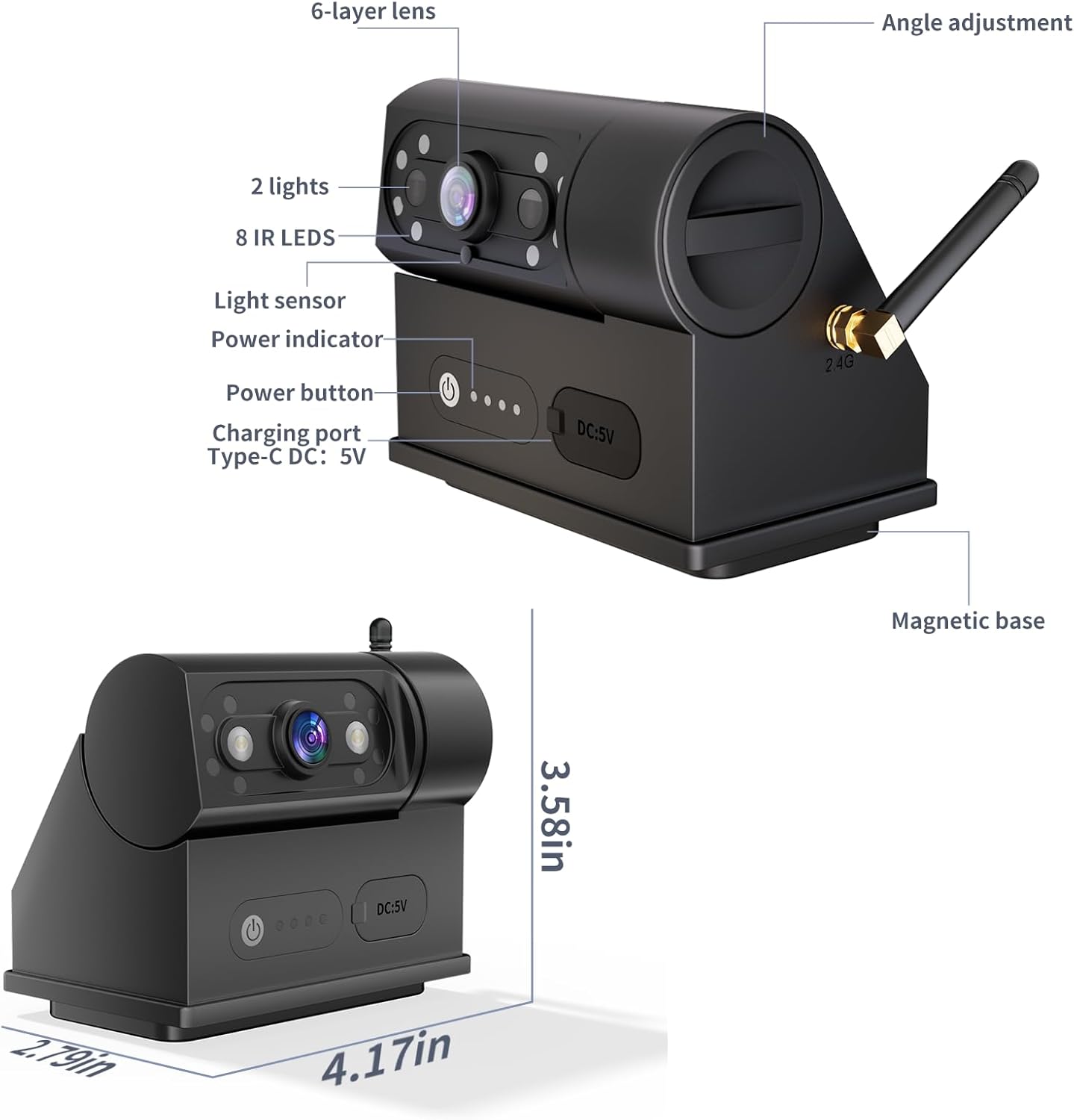 OBEST Magnetic Solar Wireless Backup Camera System with 5" HD Monitor, Long-Range Digital Signal, Image Flip, Easy DIY Install for Trucks, Trailers, RVs, DC 8V–32V