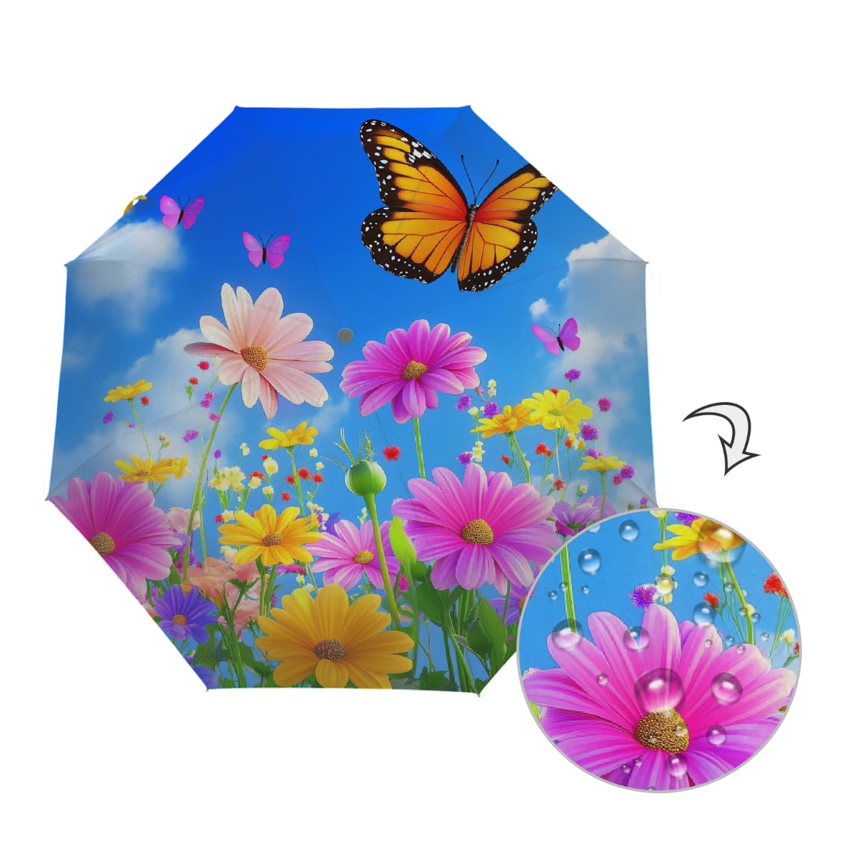 Ombrello pieghevole con fiori colorati, ombrello da viaggio, compatto, antivento, impermeabile, con protezione UV, rivestimento nero, leggero, 8 costine, portatile, per pioggia e sole